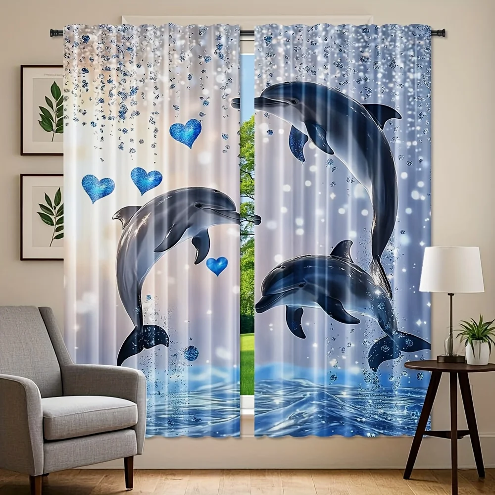 Three Jumping Dolphin Rod Pocket Curtain Blue Glitter Hearts Water Drop Sea Gradient Print Window Drapes Girl Bedroom Home Decor