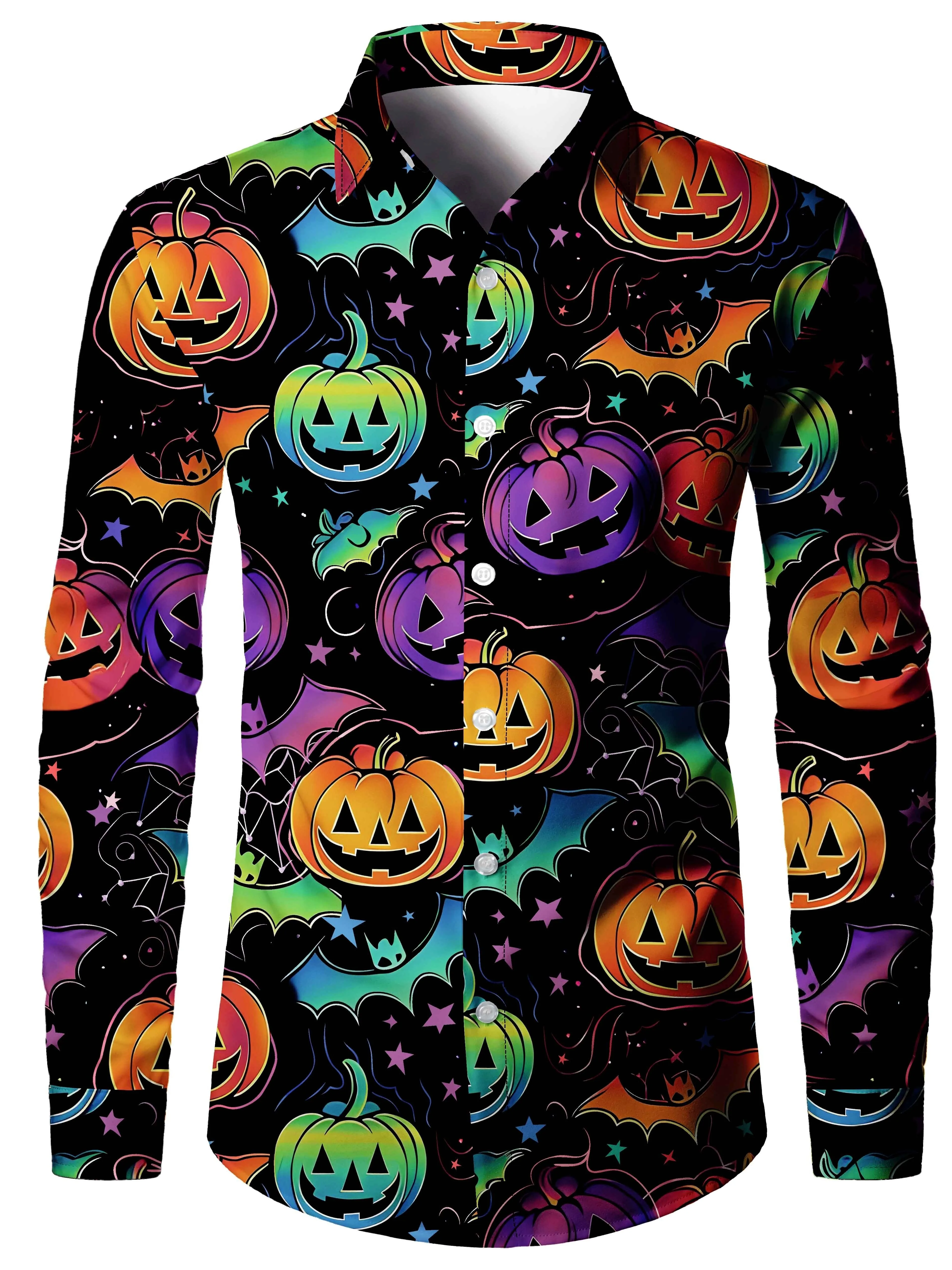 Men Long Sleeve Button Down Shirt Black Rainbow Pumpkin Bat Star Print Polyester Lapel Collar Halloween Party