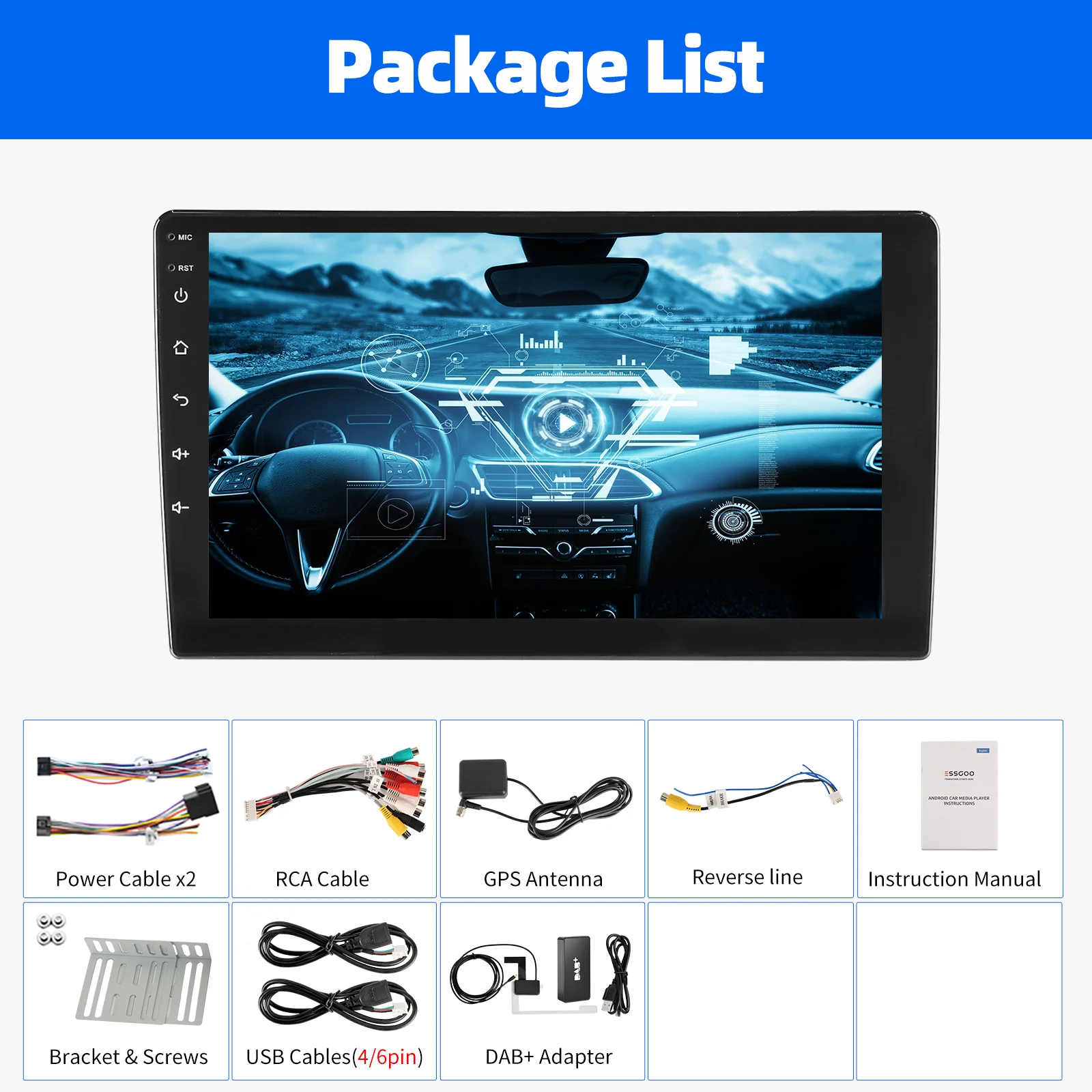 ESSGOO 4+64G Autoradio met Draadloos CarPlay en Android Auto, 9" IPS Touchscreen Double 2 DIN, GPS, SAT NAVI, FM, DAB+, Wi-Fi, USB, SWC, Multimedia Speler.