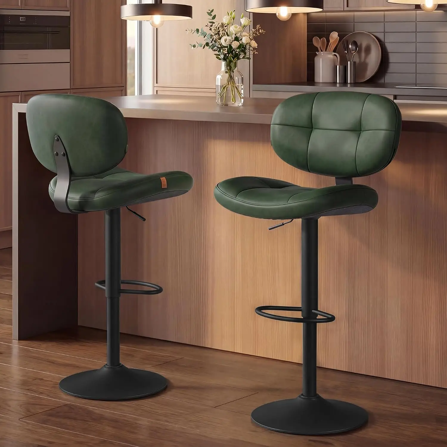 Bar Stools Set of 2, Height Adjustable Kitchen Barstools, Swivel Bar Chairs with Back and Footrest, Quilt PU Leather Surface