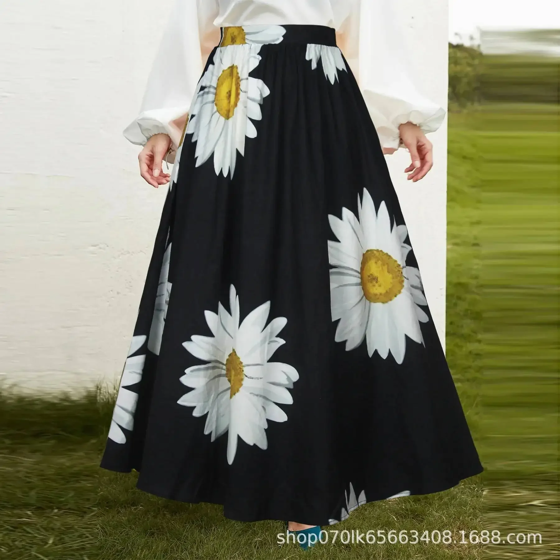 Spring Summer Simple Women Fresh Vacation Style Flower Printed Half Skirt Umbrella Skirt Plus Size