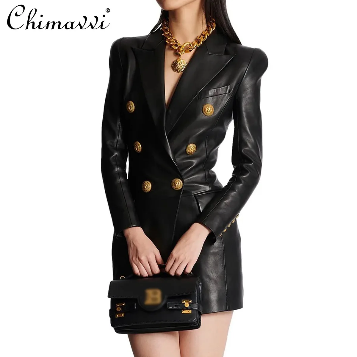 

2024 Spring Autumn New High-End Fashion Simple Elegant Slim Pu Leather Suit Skirt Fashion Long Sleeve OL Short Women's Dresses