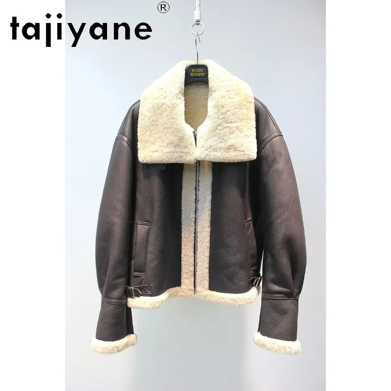 TAJIYANE High Quality Sheep Fur Shearling Jacket Thick Overcoat Warm Biker Real Fur Coat Women Winter Loose Outerwear Chic Шуба