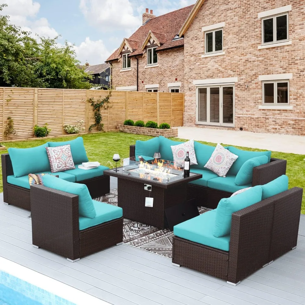 9 Pieces Turquoise Patio Furniture Set with Natural Gas/Propane Fire Pit Table,29.3'' High Back PE Wicker Aqua Extra Big Outdoor