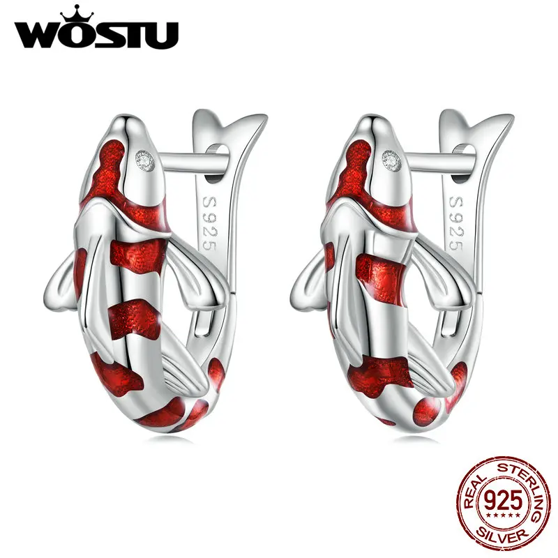 WOSTU Real 925 Sterling Silver Red Luck Carp Hoop Earrings Colorful Chinese Art Cool Drop Earring New Year Jewelry Gift BSE742