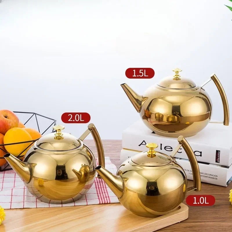 Thickened Stainless Steel 1-2L Teapot Flower Tea Kettle with Strainer Hotel Restaurant Restaurant Cook Teapot Induction Cooker