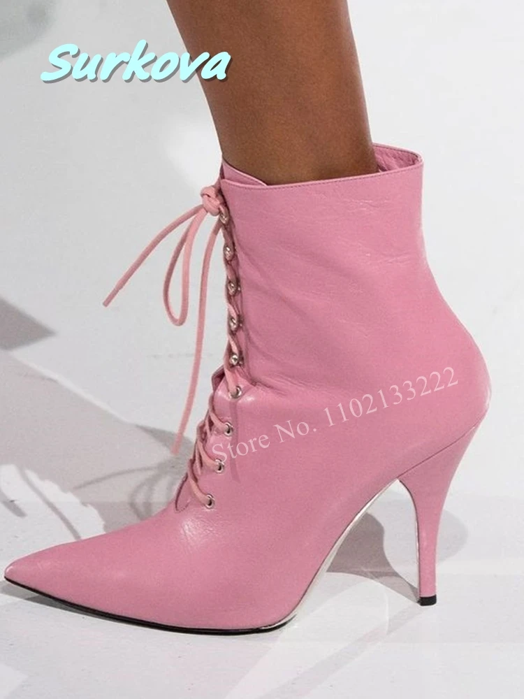 

Sweet Pink Lace-up Stiletto Ankle Boots New Arrival Solid Pointed Toe Autumn Winter Newest Fashion Women Sexy Party Shoes