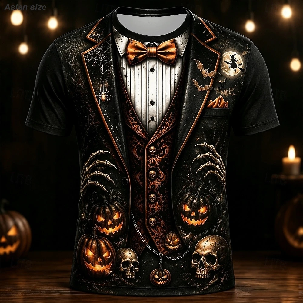 Halloween Men's Skull Optical Illusion Pumpkin T Shirt Short Sleeve 3D Print Crew Neck