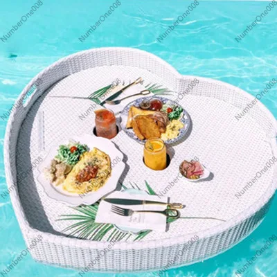 Pool Floating Rattan Tray Wicker Serving Basket Luxury Spa Resort Breakfast Tea Tray for Poolside Leisure Use