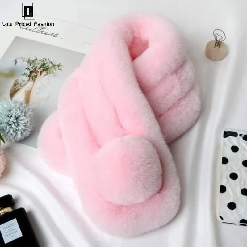 Faux Rex Rabbit Fur Scarf Male Female Winter Thickened Warm Double-sided Neck Cover Neck Protection Faux Fur Plush Scarf