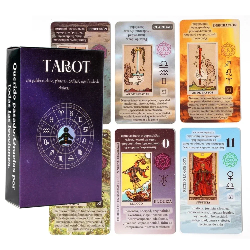 Tarot para principiantes con palabras clave en las tarjetas, chacra invertida, elemento del zodiaco del planeta, talla mediana