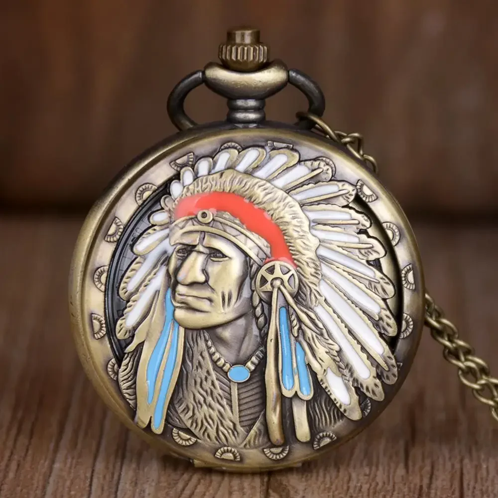 

Top Brand Ancient Indi an Old Man Colorful Portrait Design Quartz Fob Pocket Watch Bronze Pendant Necklace Chain Souvenir Gifts