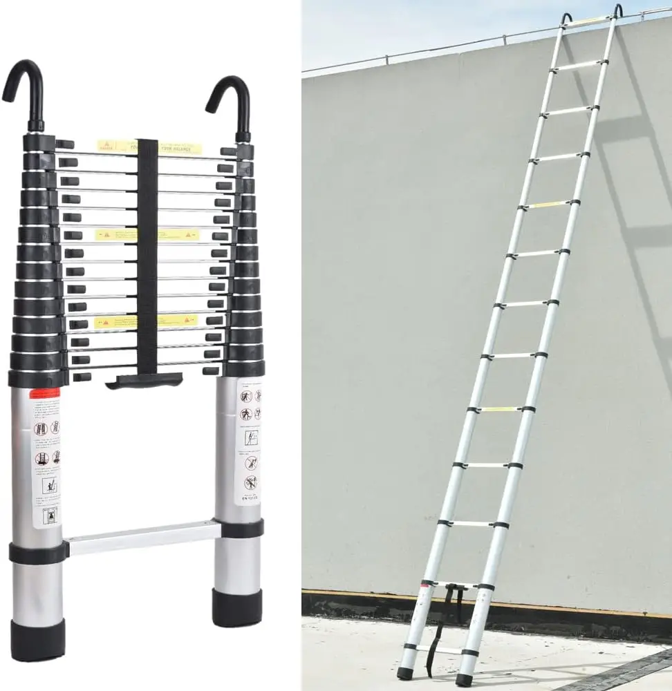 4.4M 14ft Telescoping Ladder Aluminum DIY Extension Folding Loft Ladder with 2 Detachable Hooks Anti-Slip Rubber Feet Portable