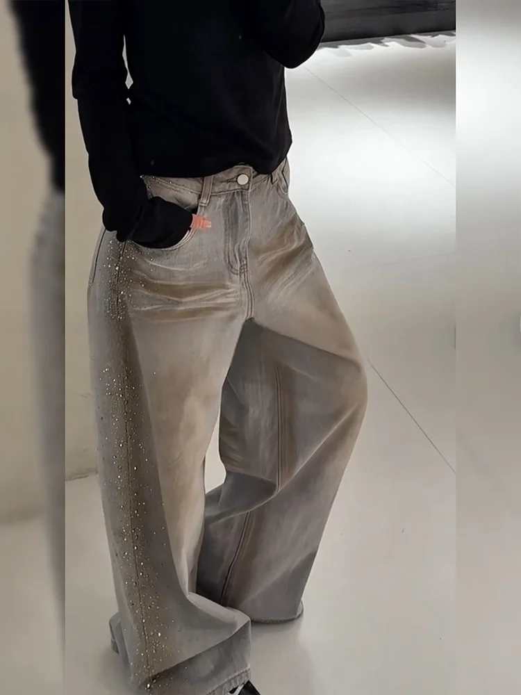 Retro Distressed American Hot Girl Design Side Bright Diamond Jeans Women Summer 2026 Loose Fit Floor-Length Pants