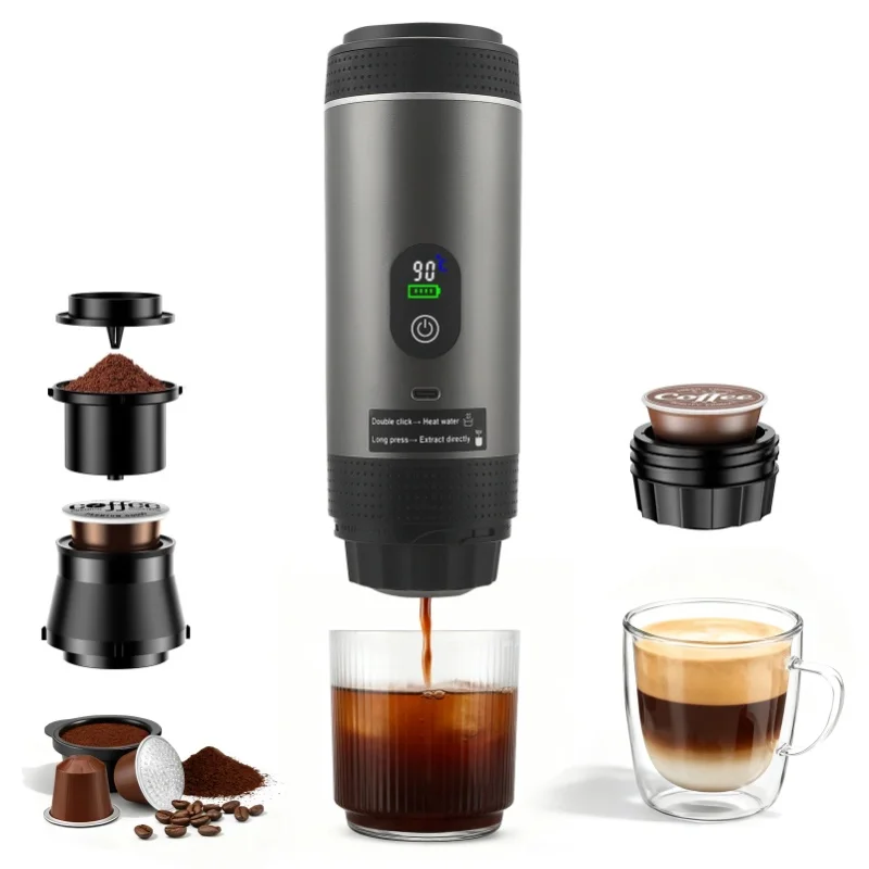 Mini-Kaffeemaschine für Reisen, 3-in-1 Akku-Kaffeemaschine, Auto-Espressomaschine mit USB, kompatibel mit Kapseln und gemahlenem Kaffee, Wohnmobil-Gadgets und Camping-Geschenke