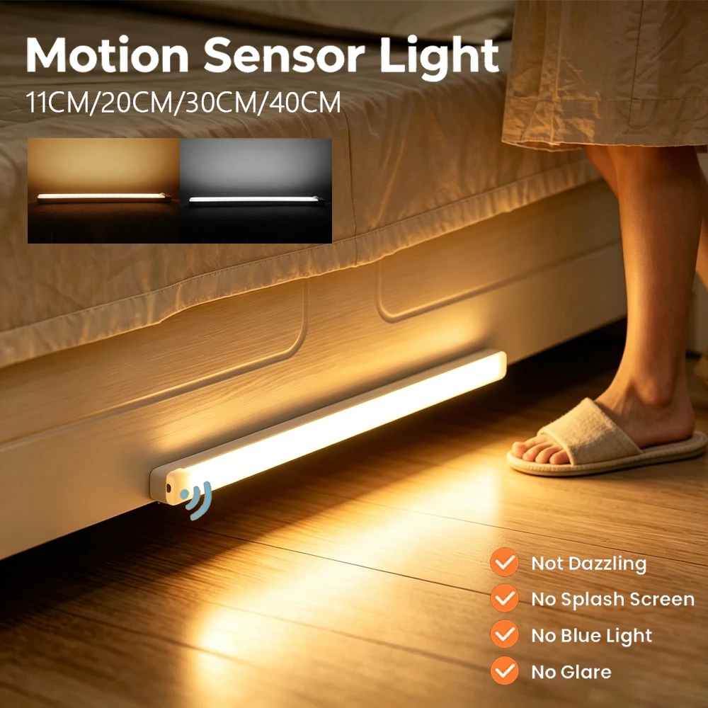 PIR Motion Sensor LED Under Cabinet Night Light 3000K 6000K USB Rechargeable For Bedroom Wardrobe Kitchen Decor 20cm/30cm/40cm
