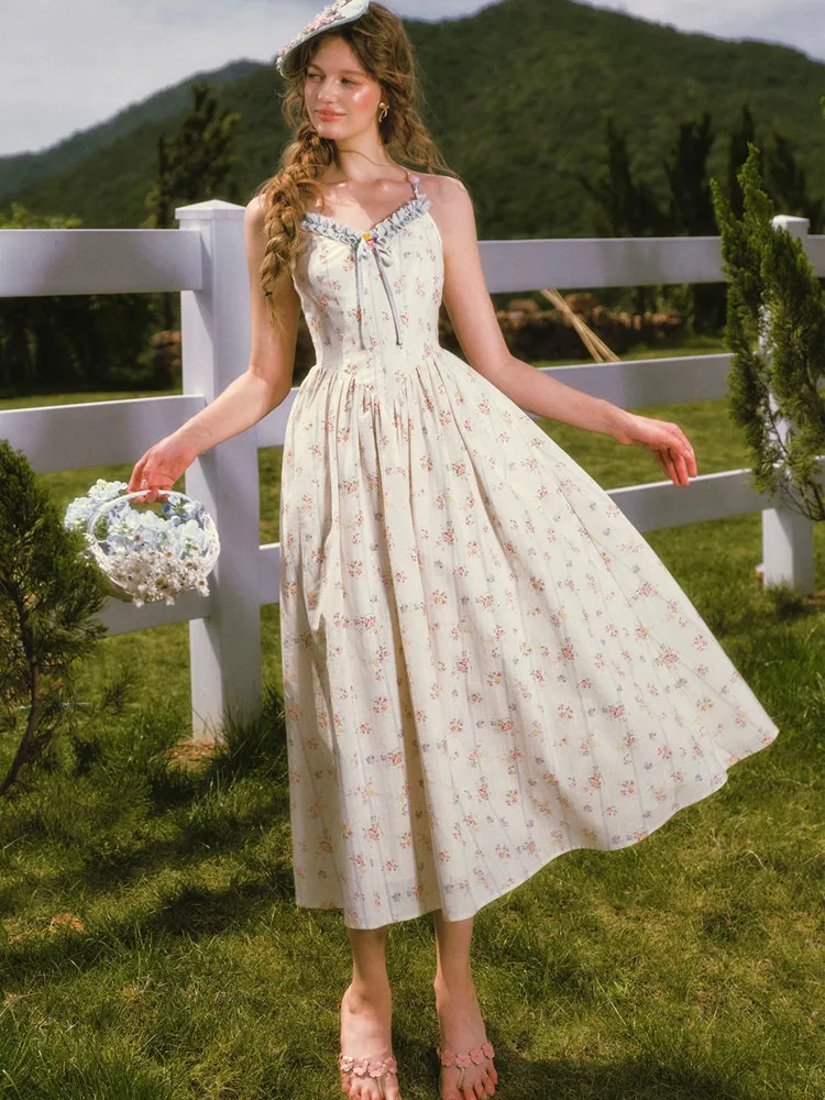78-101cm Bust Summer Long Slip Dresses Women French Country Fresh & Elegant All-Cotton Floral Print Boned Spaghetti Strap Dress