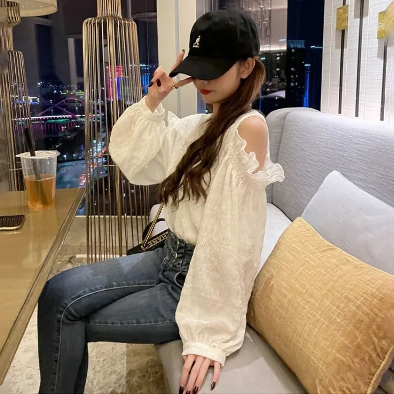 Chic Off Shoulder Sun-proof Blouses Women Fashion Ruched Folds Ruffles Young Sweet Popular All-match Thin Breathable Tops Ladies