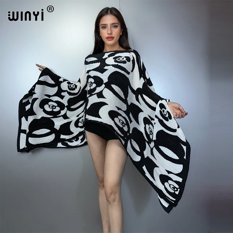 WINYI print pleated boho dress Women crumple Design Loose robe sexy maxi party dresses poncho for women maxi kaftan
