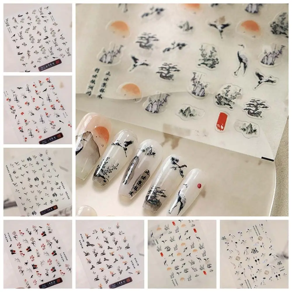 DIY Nail Charms Chinese Ink Nail Stickers Nail Art Supplies Chinese Character Crane Nail Decals Painting Sunset