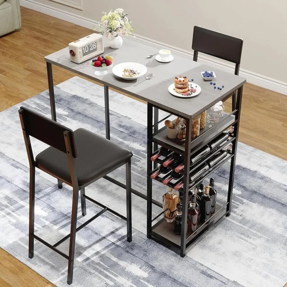 

Dining Table Set for 2, Bar Table and Upholstered Chairs with Storage Shelves for Small Space, Apartment