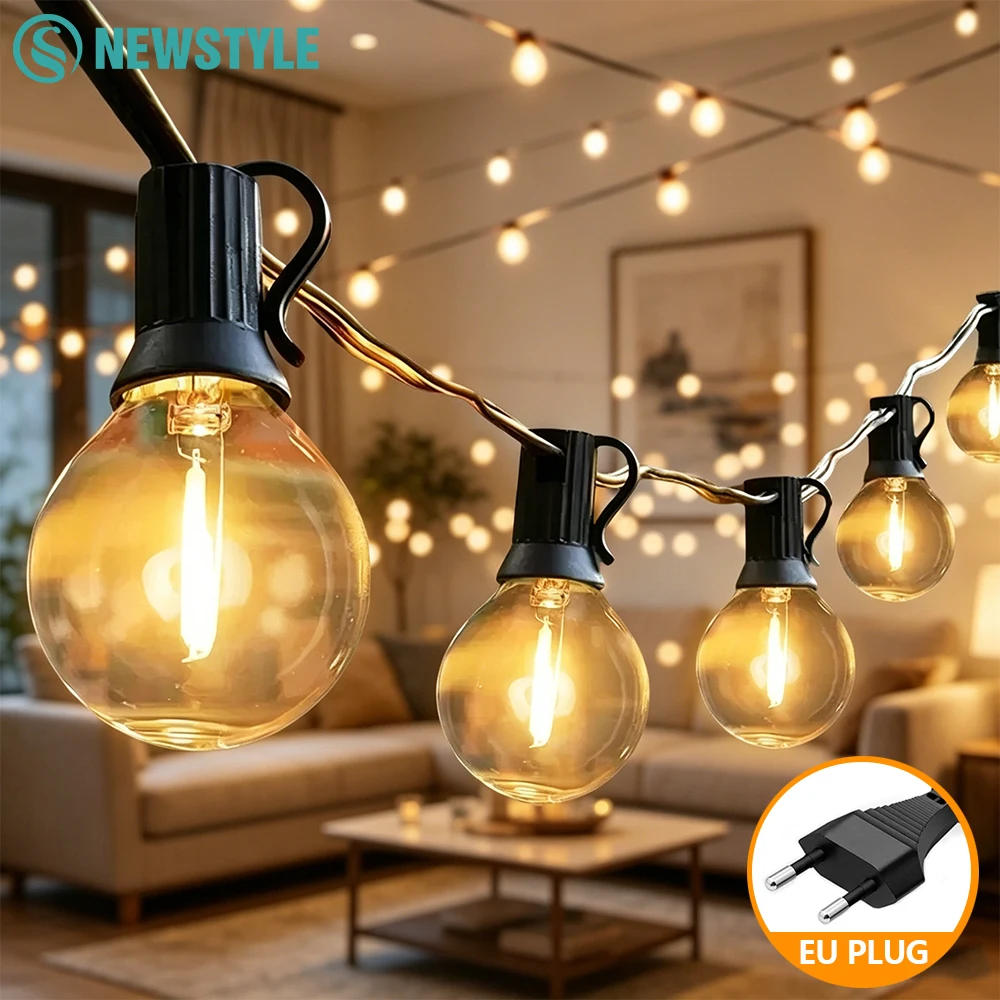 Luzes de Cordão G40 LED de 7,6-30 Metros com Lâmpadas Globo Inquebráveis para Uso Interno 220V Plugue EU Luzes de Cordão G40 LED para Decoração de Casa