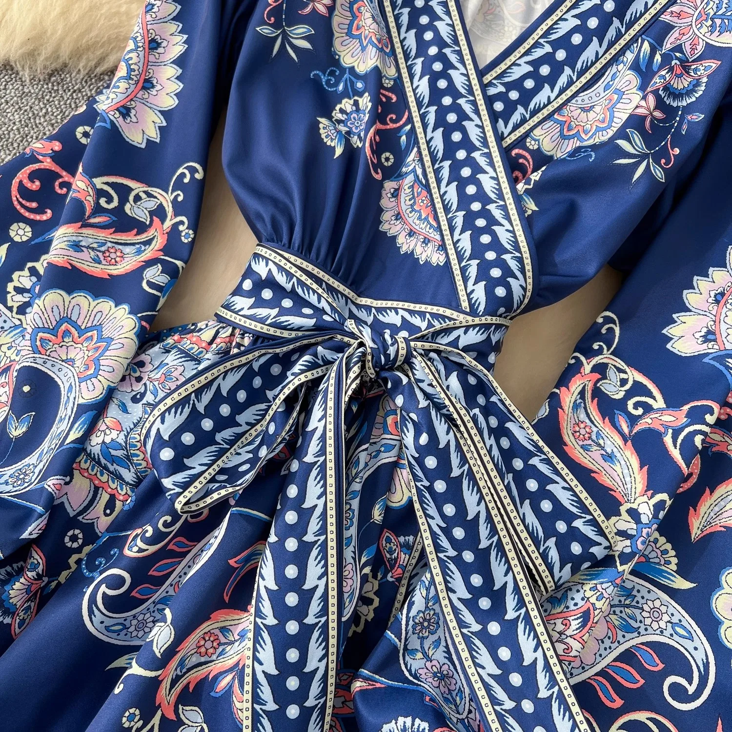 Autumn Retro Bohemian Paisley Dress Holiday Cross V Neck Lantern Sleeve Vintage Print Bandage Lace Up Robe Vestidos Maxi Clothes