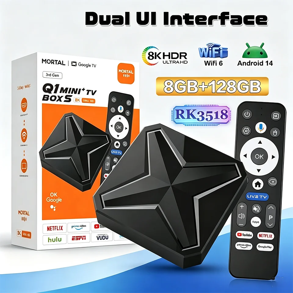 Voice Remote Control 2GB 16GB Q1 MINI+ RK3518 Android 14.0 8K WiFi6 BT54 Streaming Media Player Smart TV Box Home Set Top Box