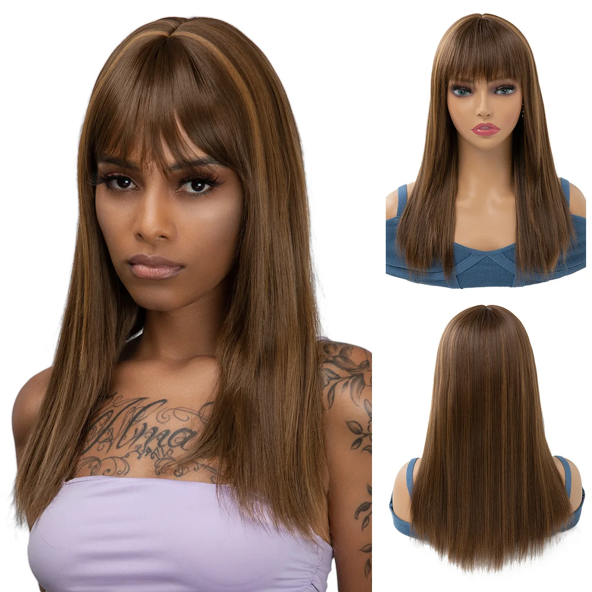 

European and American wig for women with long straight hair, fashionable highlights, synthetic fiber, bangs, wig, full head cove