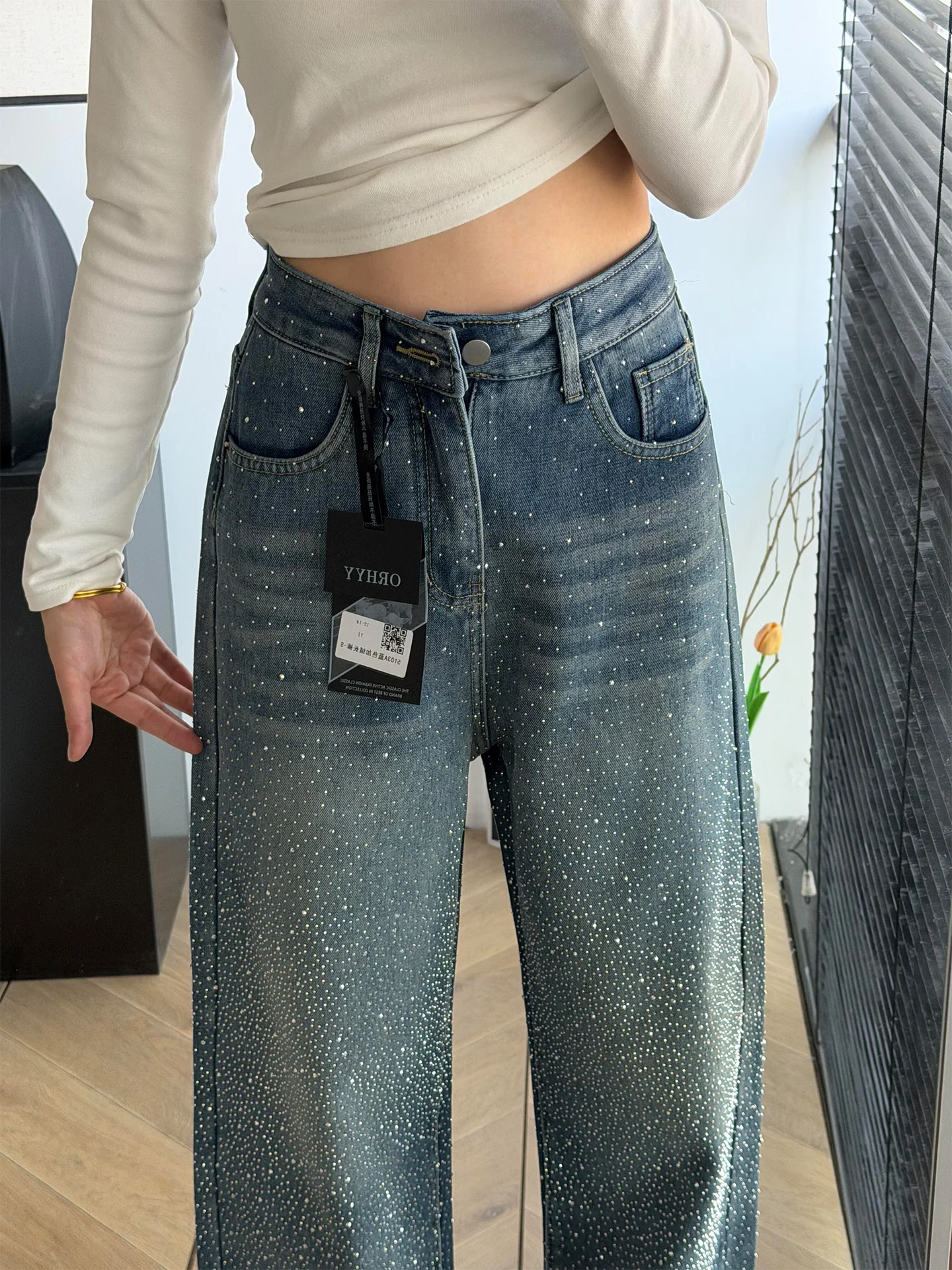 

Женские широкие джинсы iny Diamond Embellied, повседневные джинсовые брюки больших размеров с высокой талией, зима 2025, новые сверкающие тонкие брюки...