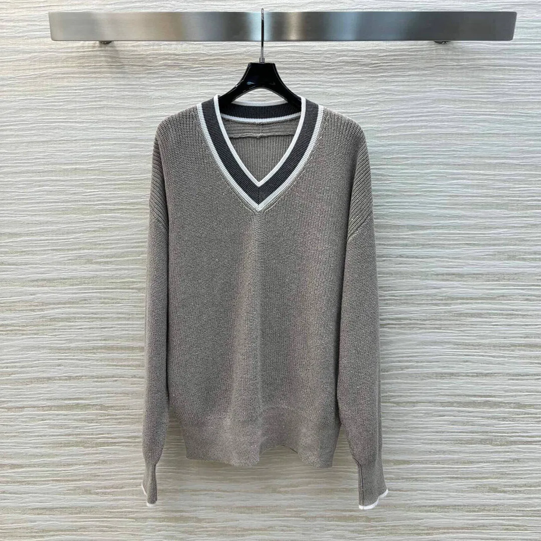 

New Fashion Gray Color Embroidered Sequins 94% Linen Knitted Pullover Women Contrast V-neck Long Sleeve Loose Casual Sweater