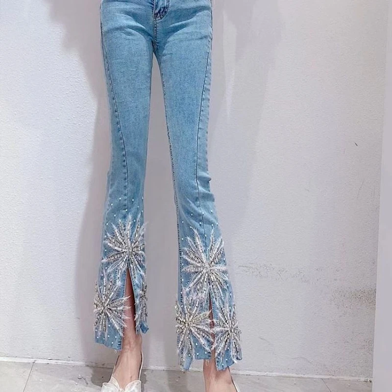 

Women Autumn Trendy High Waist Slim Heavy Industry Three-dimensional Flower Beaded Rhinestone Split Jeans Flared Pants