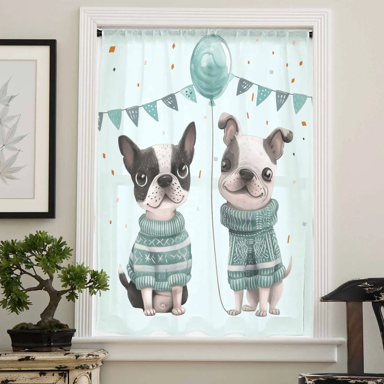 Pet Dog Balloon Celebration Flag Sweater Sheer Curtain Living Room Drapes Home Bedroom Voile Curtain Tulle Window Curtain