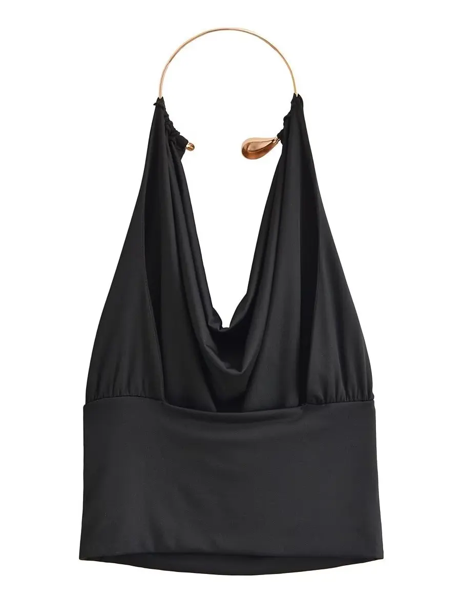 Black Metal Ring Hanging Neck Strap Vest Women's Design Sensation Back Exposure High-End Feeling Top Women's Fashion