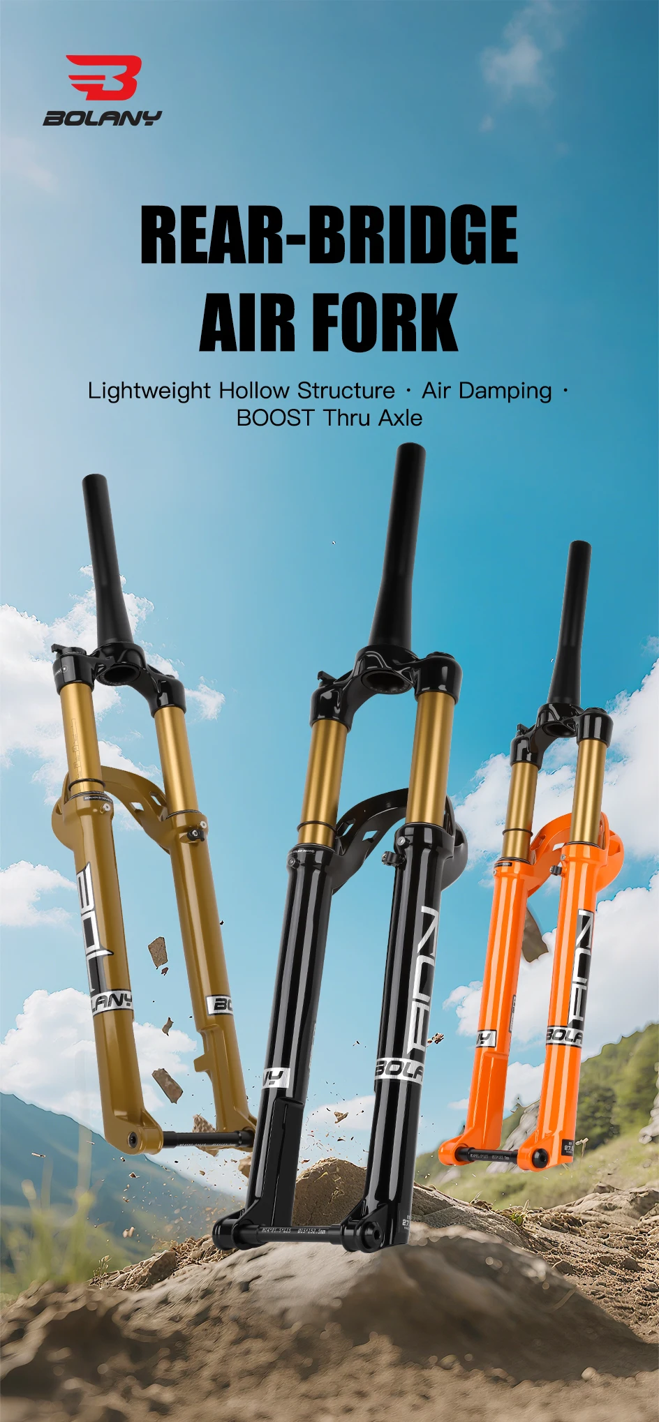 BOLANY MTB-Luftgabel mit Federung, 27,5/29 Zoll, 120 mm, Reise-MTB-Gabel, Magnesiumlegierung, ultraleichtes Design, 15 x 110 mm Boost-Fahrradgabel – Detail 1