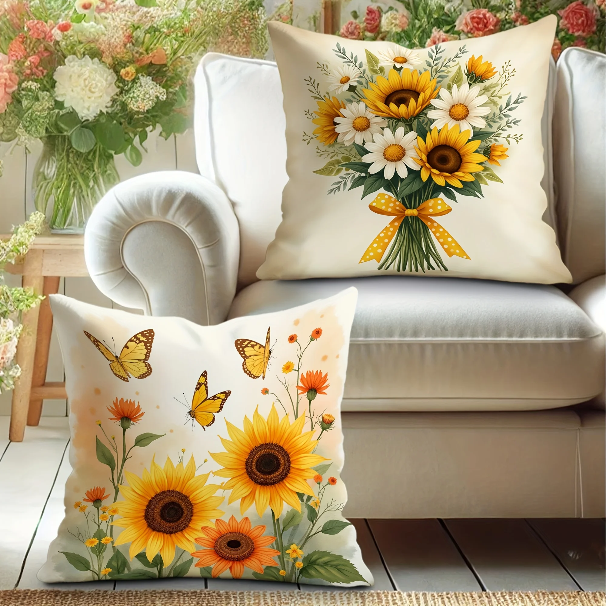 

4pcs Sunflower & Butterfly Throw Pillow Covers - Vibrant Orange & Yellow Wildflower Design, Rustic Country Style, One-Sided Prin