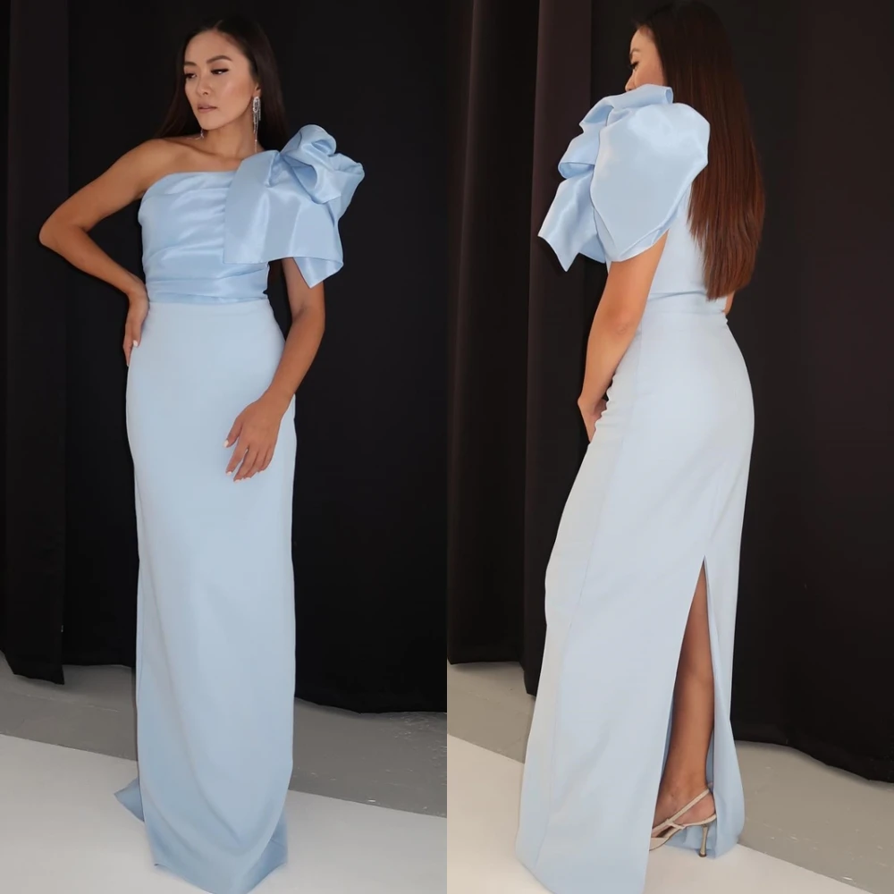 

Customized Graceful Blue Satin Evening Dress Simple One Shoulder Bow Prom Dresses Classic Straight Sleeveless Party Dress