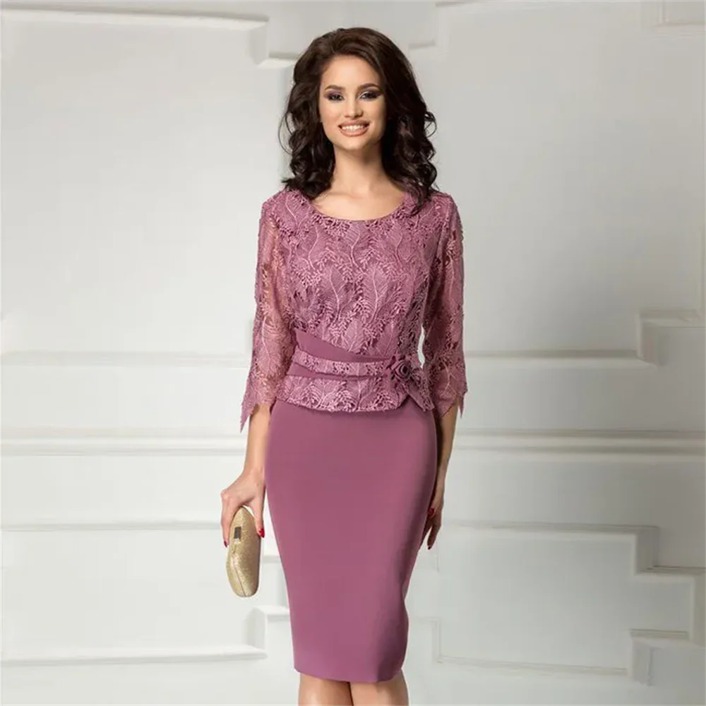 

Elegant 2024 Lace Mother of the Bride Dresses With Long Sleeves Jewel Neck Wedding Guest Dress Knee Length Formal Gowns