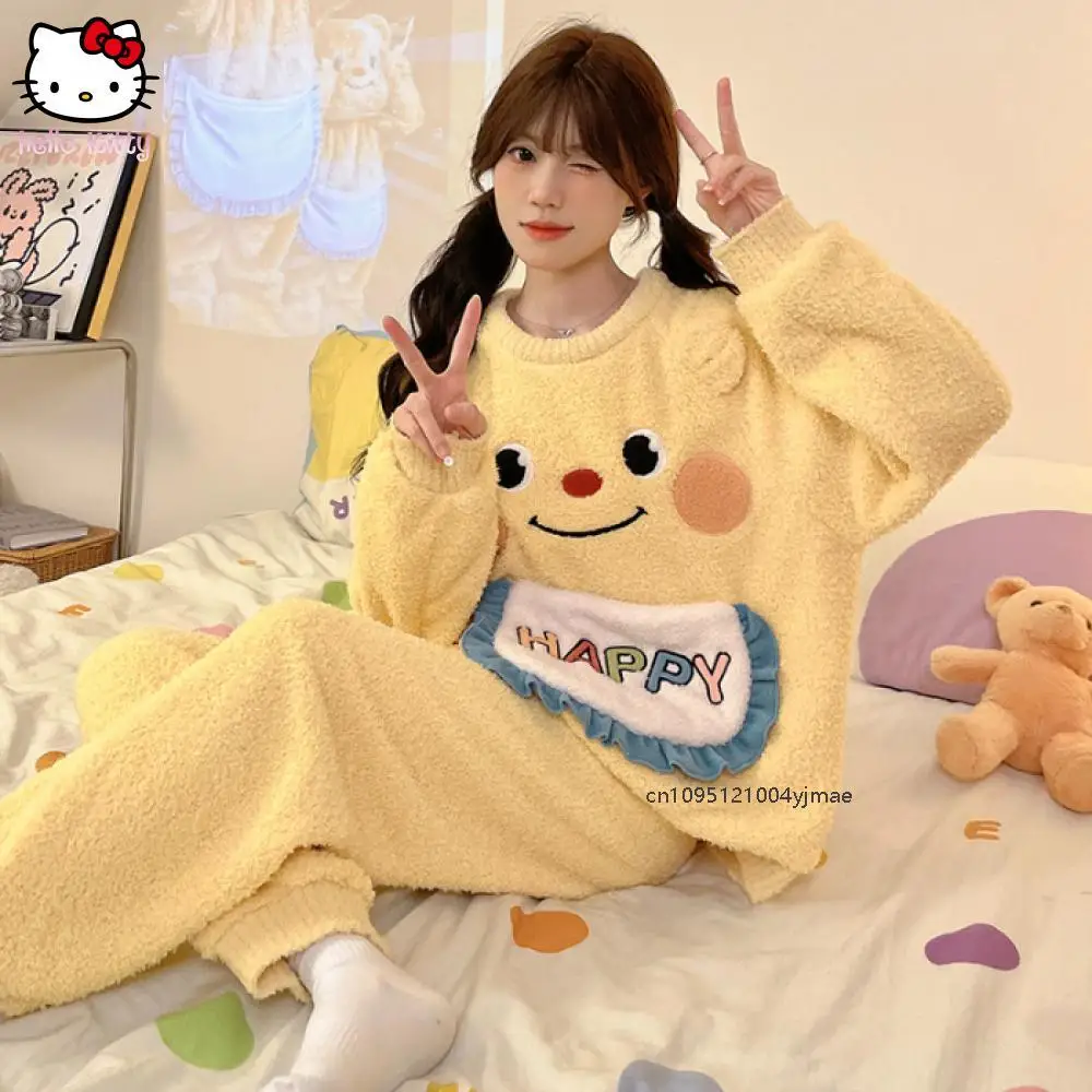 Sanrio süßes Heimkleidungsset, süße Mädchen-Nachtwäsche, langärmelig, Rundhalsausschnitt, Winter, warm, halb flauschig, lässig, Cartoon, Outdoor-Kleidung