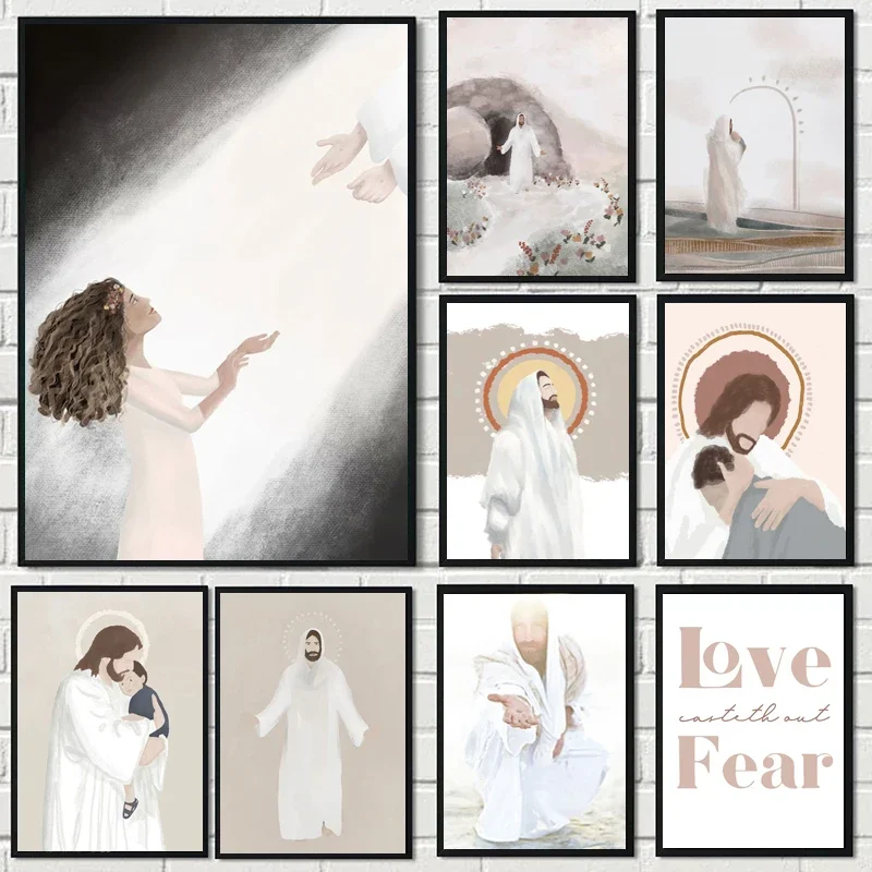 Unframe Cartoon Holy Christ Jesus Guided Light Girl Canvas Painting Posters and Prints Wall Art Picture For Living Room Decorati