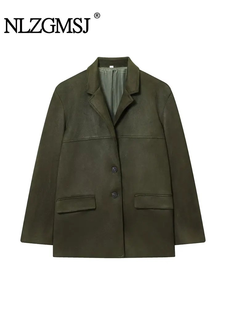 

NLZGMSJ женская куртка из искусственной замши, осень 202, однобортное офисное пальто с длинными рукавами и накладными карманами, женский свободный пиджак