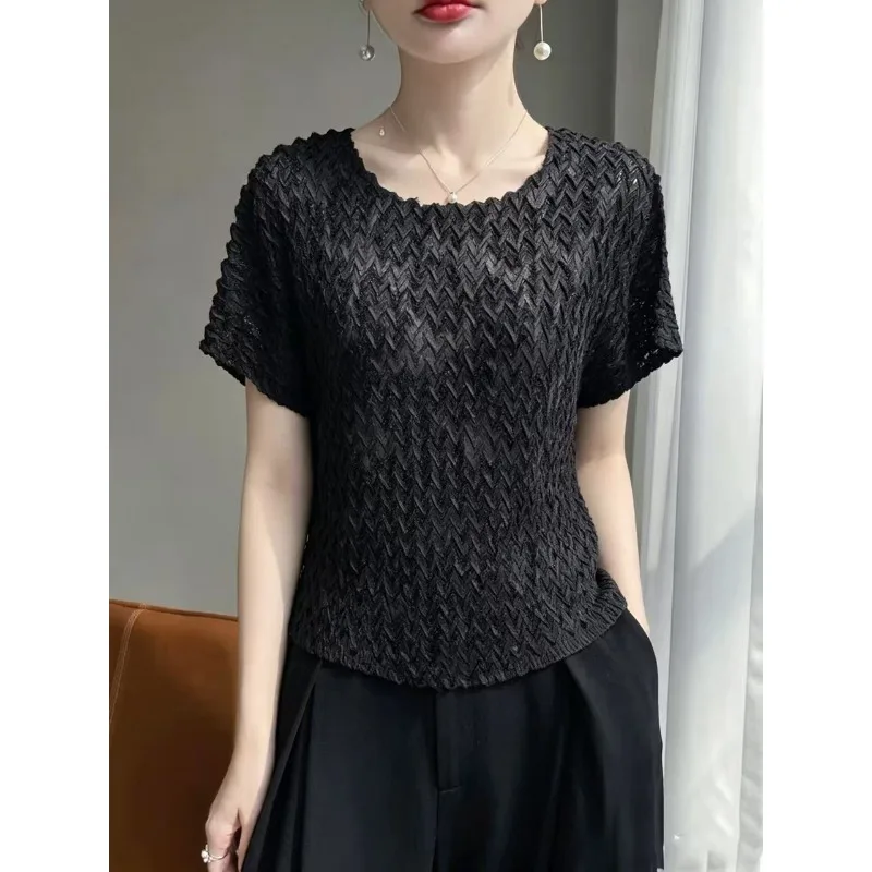 Miyake Pleated Hand-Pressed Fold T-Shirt 2026 Summer New Pleats Design Jacquard Loose Round Neck Batwing Sleeve Casual Top Women
