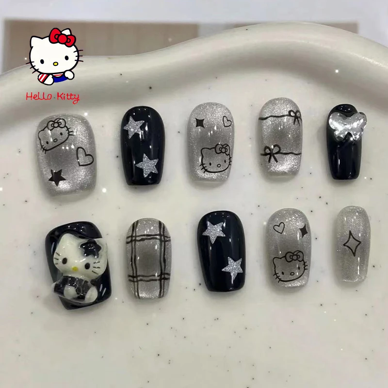 New 10Pcs/Set Hello Kitty Short Sweet Cool Handmade False Nail Cartoon Black Y2K Spicy Girl Minimalist Nail DIY Nail Enhancement