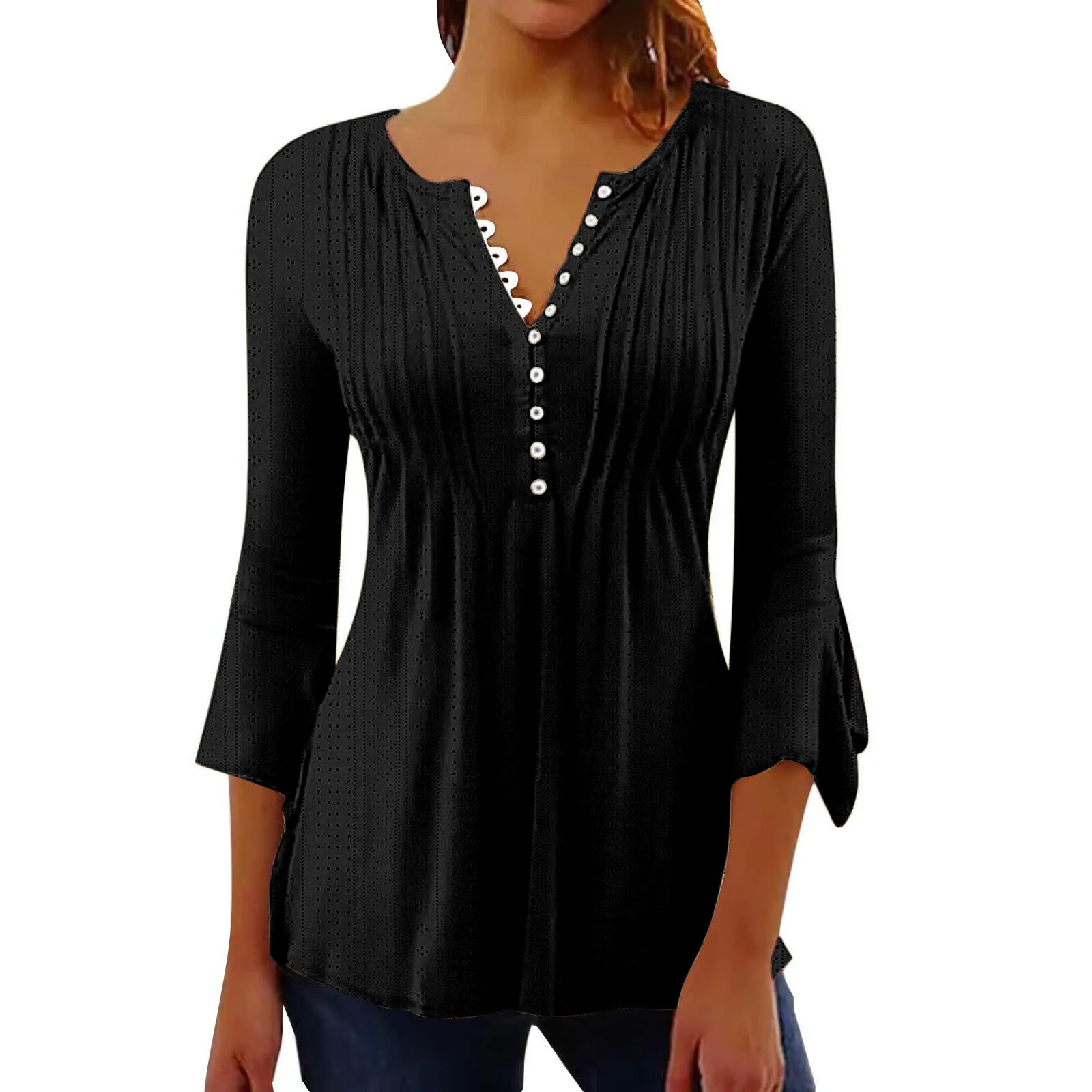 Elegant Office Ladies Hollow out Blouses Solid Color Casual Tunic Tops Spring 2025 Womens 3/4 Sleeve V-neck Buttons Shirts Blusa