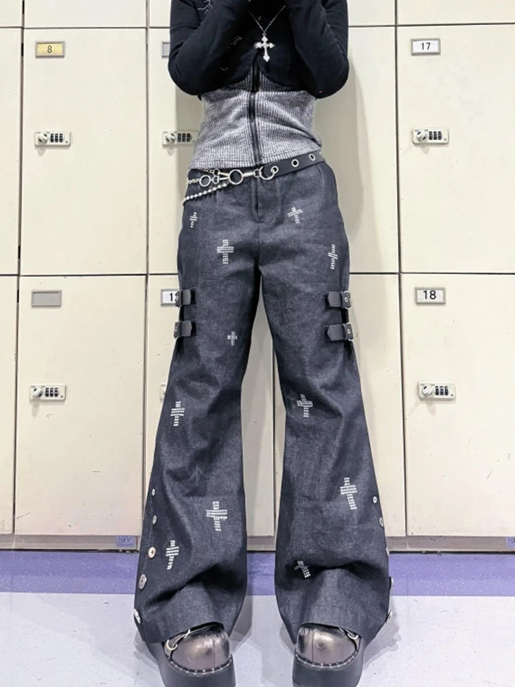 Heavy Industry Cross Hot Diamond Jeans Dames Herfst Winter Nieuwe Pittige Meisje Retro Gedeconstrueerde Micro Flared Broek