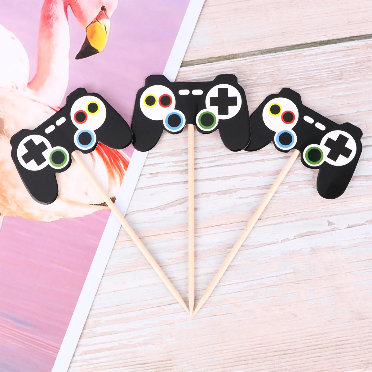 24 PCS Gamepad Cake Picks Handle Cocktail Birthday Decoration Dessert Cards for Children Inserts Party Bamboo Baby