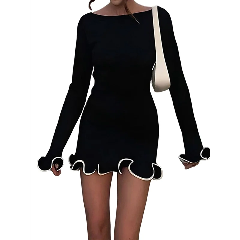 A83F-Women Elegant Ruffle Hem Knit Mini Dress Long Sleeve Contrast Color Patchwork Bodycon Short Sweater Dress Fall