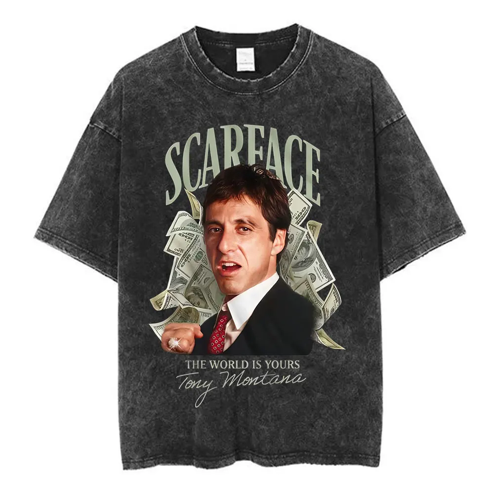 Film Scarface The World Is Yours Vintage Washed T-Shirt Tony Montana Al Pacino T-Shirts Herren Damen Kleidung Oversized T-Shirt – Detail 5