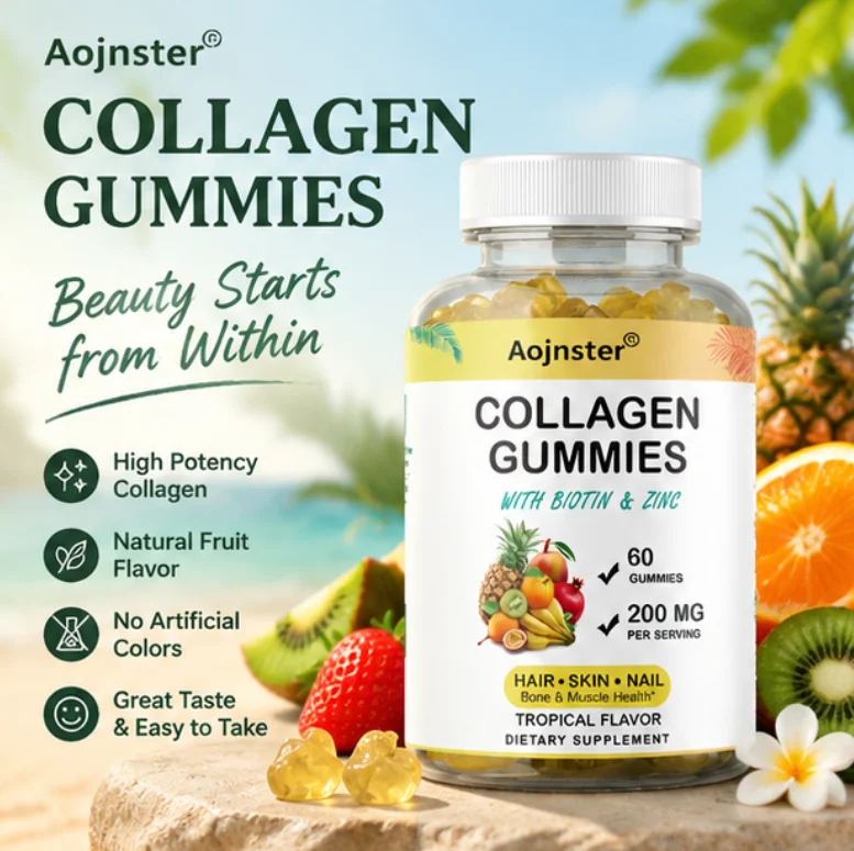 Collagen Gummies with Biotin & Zinc 200mg Tropical Flavor Support Hair Skin Nail Bone Muscle Health 60 Count