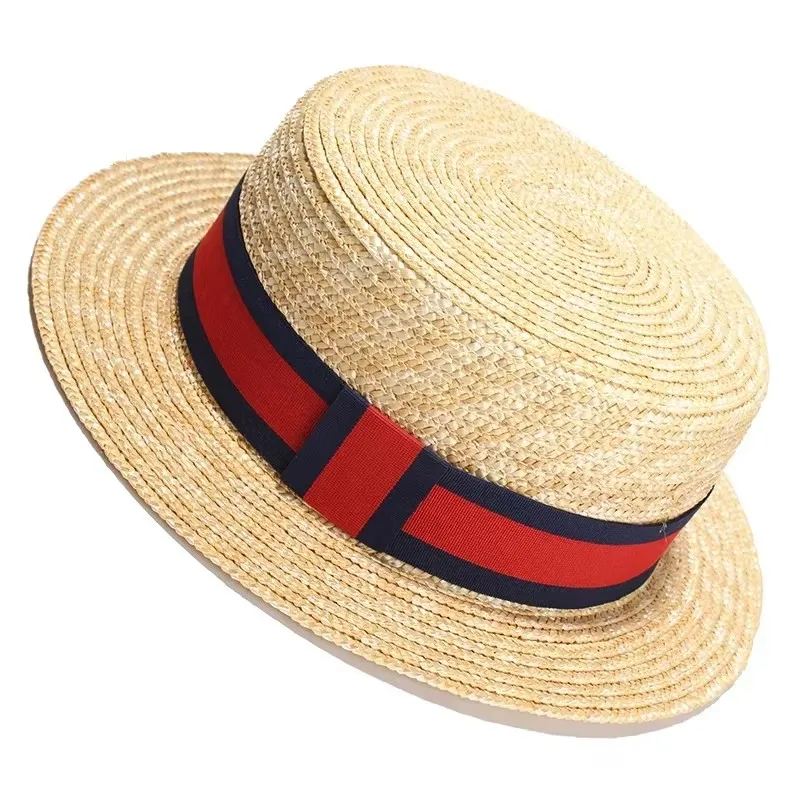 REHOOS Chapeau Fedora en paille de blé naturelle pour femme, style boater, à bord plat, avec nœud en ruban, idéal pour l'été, la plage, les vacances et les fêtes